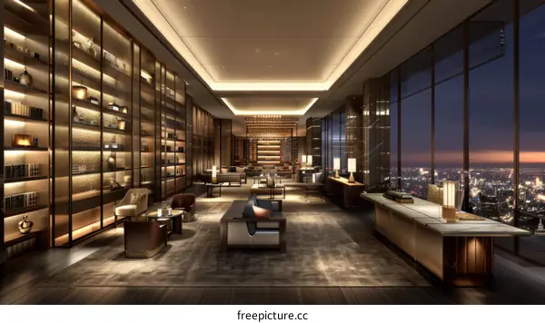 Luxurious hotel lobby with modern interior and night city view