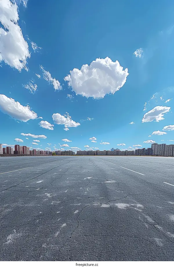 Empty Parking Lot Under Blue Skies With White Clouds