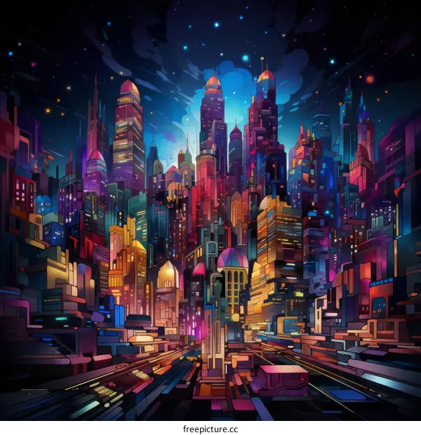 A vibrant illustration of a futuristic city at night