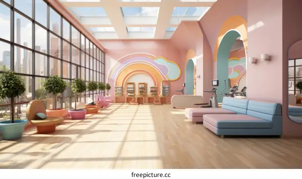 A colorful and modern children's gym with a variety of equipment