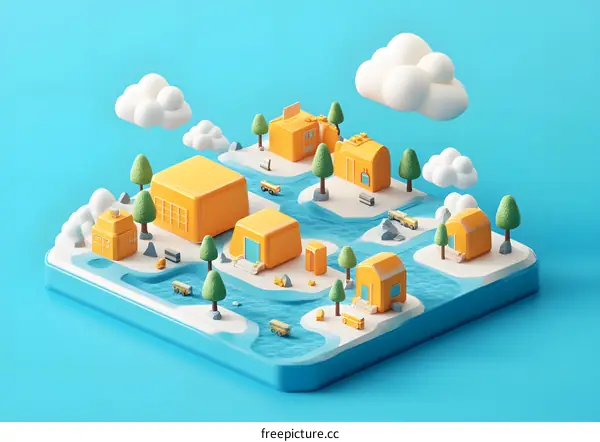 3D Miniature City Illustration with Yellow Buildings, Trees and Blue Sky