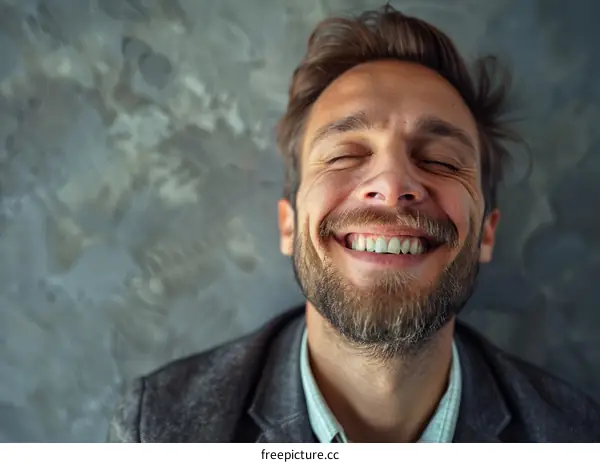 Portrait of a Bearded Man with his Eyes Closed and a toothy Smile