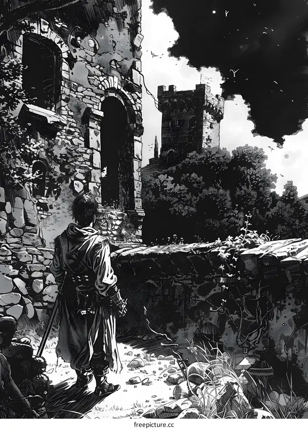 A knight stands in front of a ruined castle.