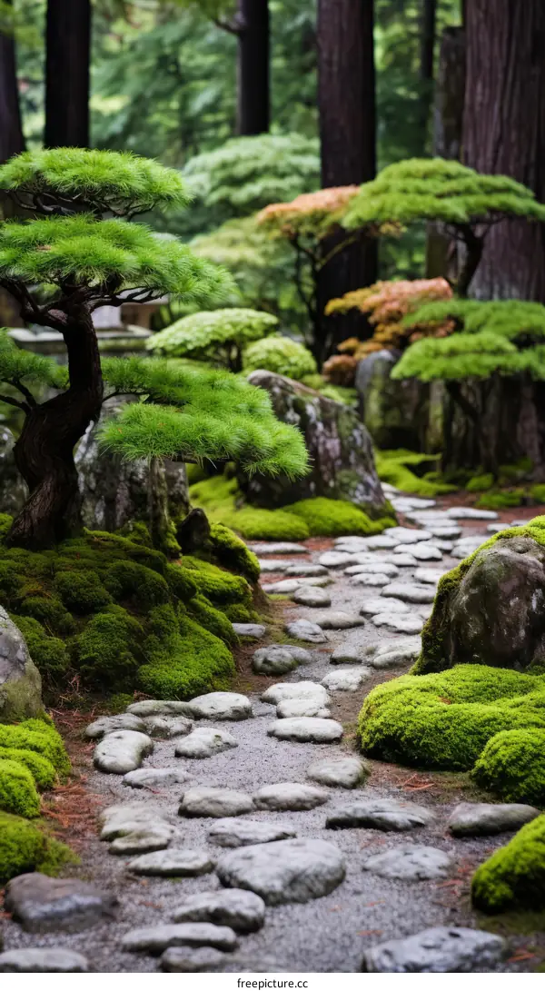 Stone path through a lush green moss garden