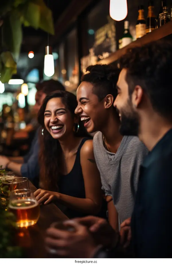 Laughing Friends Enjoying Drinks at a Bar
