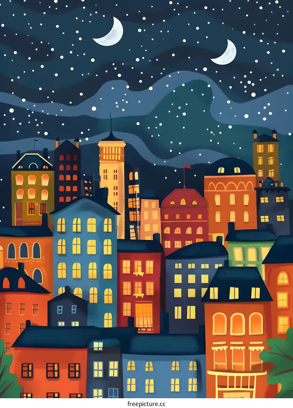 Night Cityscape With Stars and Moons