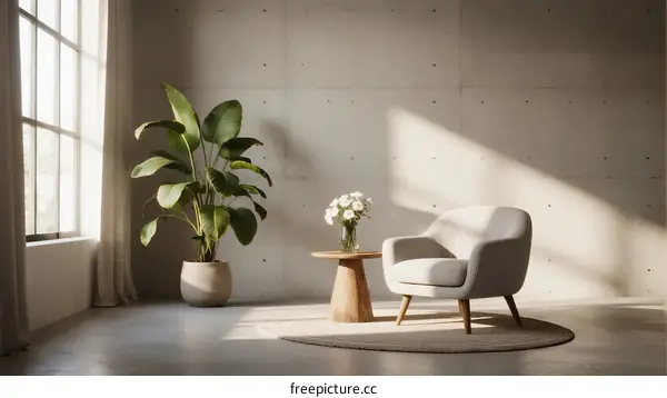 Modern Living Room with Comfortable Armchair and Green Plant