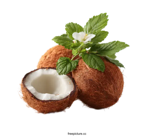 [Transparent Background PNG]Fresh Coconut with Leaves and Flower