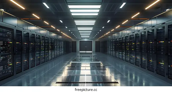 Futuristic server room with supercomputers