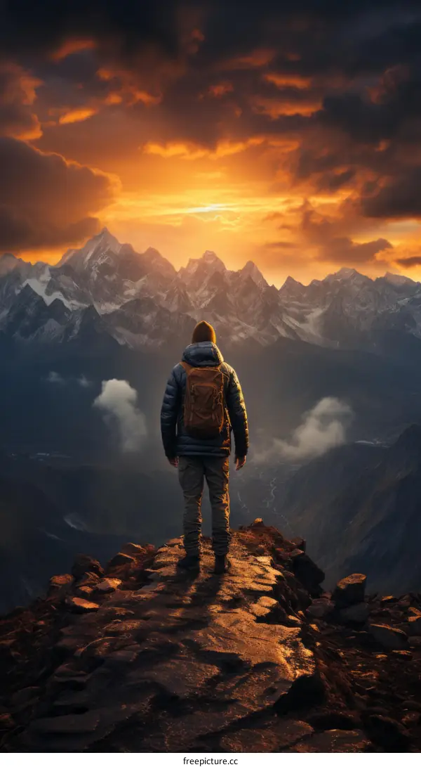 Man on Mountaintop Overlooking Scenic Landscape