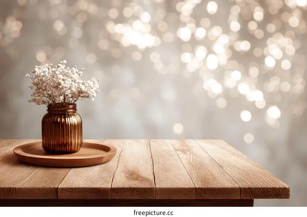Rustic Wooden Tabletop with Decorative Vase