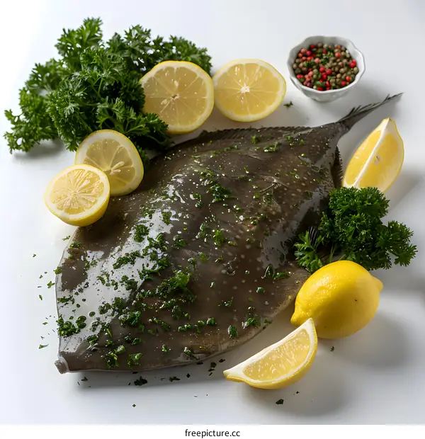 Fresh Flounder Fish Garnished with Herbs and Lemon