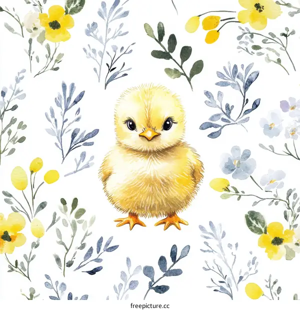 Cute Chick in Floral Watercolor Pattern