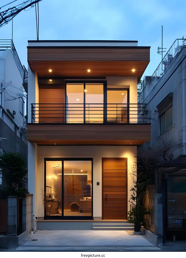 Modern Japanese House with Wooden Facade and Balcony
