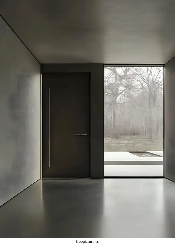 Minimalist Modern Interior Design With Large Windows And Dark Grey Door