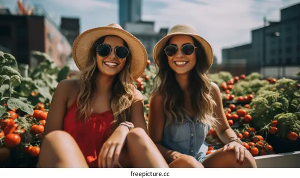 Two young women enjoying a summer day in a tomato field