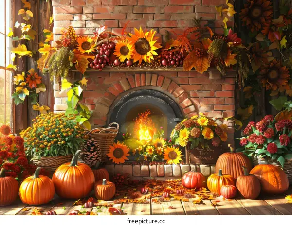 Cozy Home with Thanksgiving Decor by the Fireplace