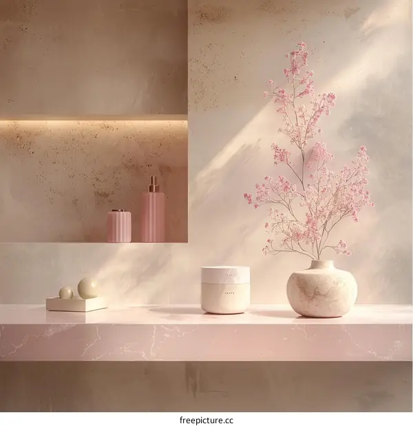 Elegant Blush Pink Bathroom Vanity Adorned with Flowers