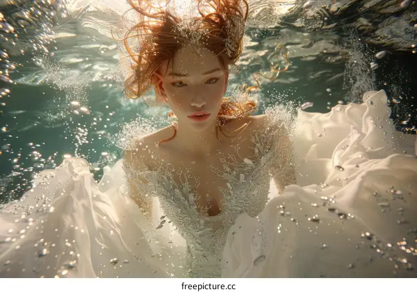 Underwater Portrait of a Woman in a Flowing White Gown