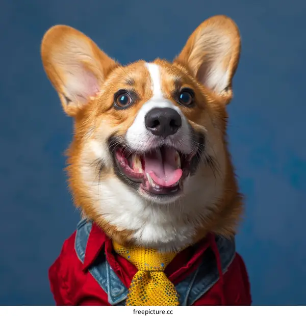 A happy corgi dog wearing a red shirt and yellow tie