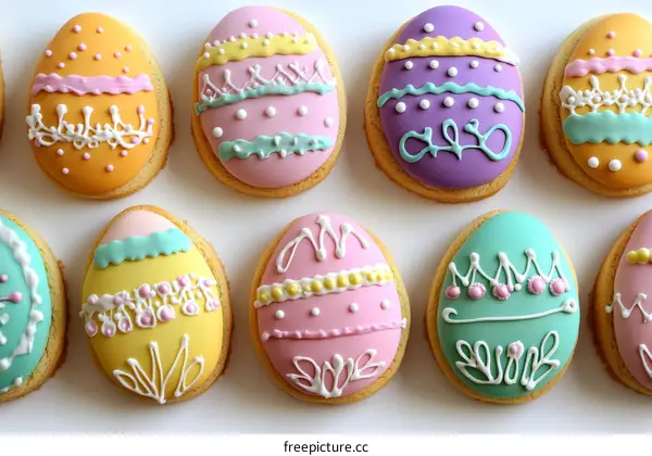 Colorful Easter Egg Shaped Cookies Decorated with Icing
