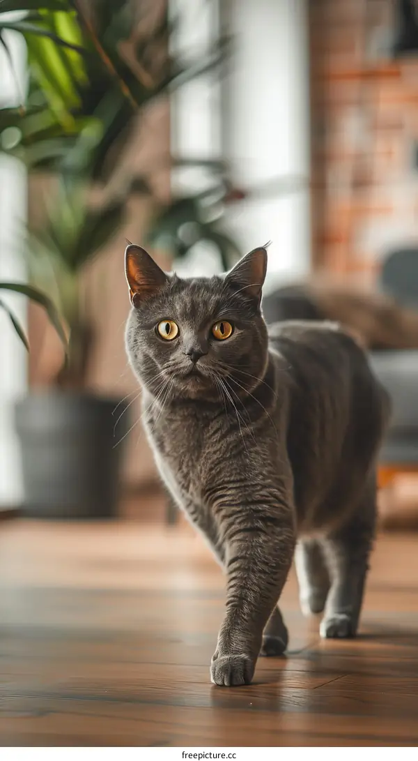 A gray cat is walking on the wooden floor