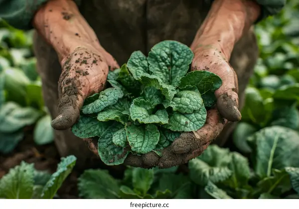 Close-up image of a farmer's hands holding a handful of green leafy vegetable