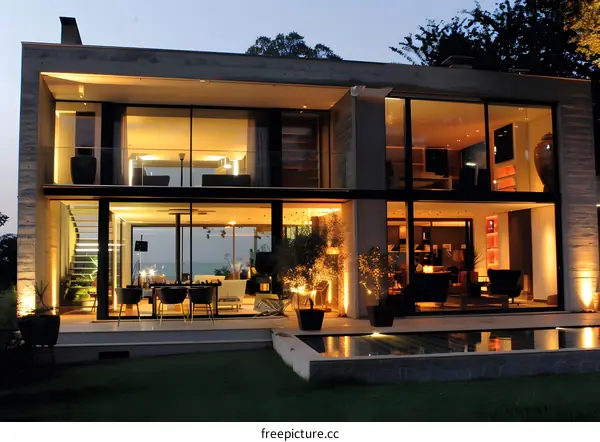 Modern Home with Large Windows and Swimming Pool at Night