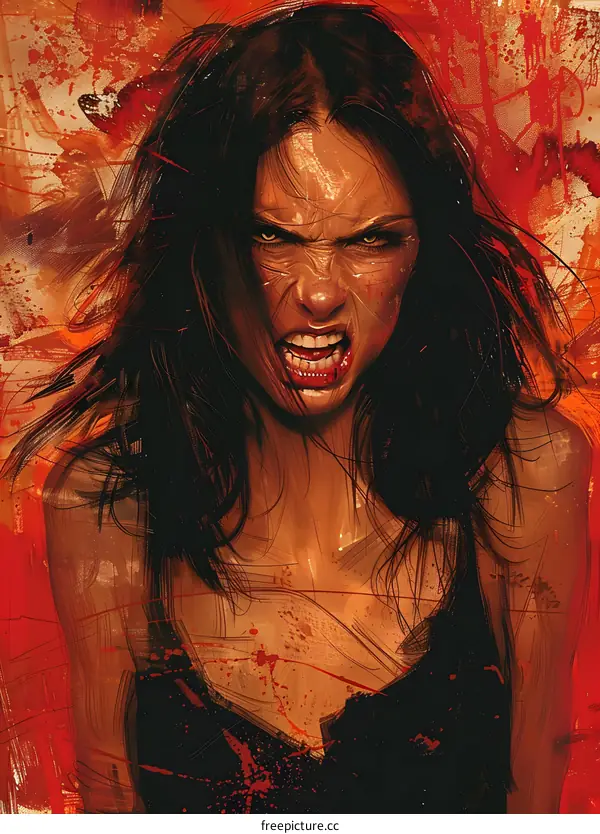 A woman with long black hair and red eyes is screaming.