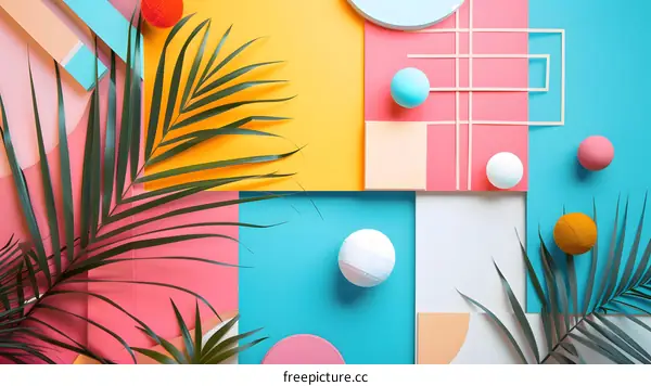 Abstract Summer Background with Palm Leaves and Colorful Geometric Shapes