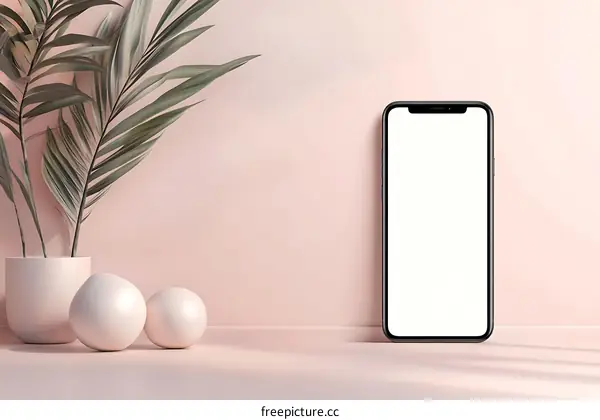 Minimalist Phone Mockup with Palm Leaf and White Spheres