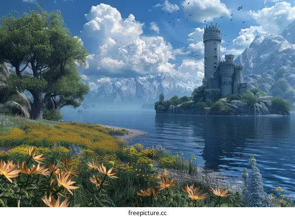 Scenic Lakeside Medieval Castle with Majestic Mountains