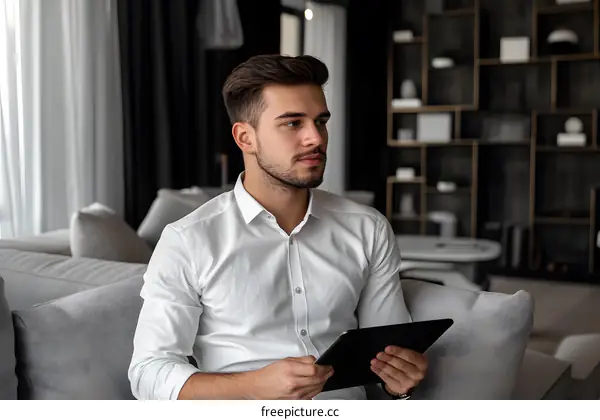 Young Man Working on Tablet in Modern Home