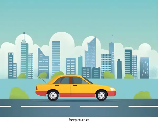 Yellow Car Driving on Road in City Skyline