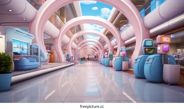 A futuristic shopping mall with a pink and blue color scheme