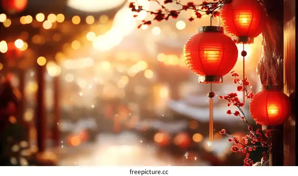 Chinese New Year Festive Lanterns in a Blurred Outdoor Setting