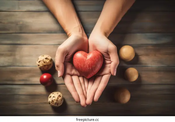 A person holding a red heart in their hands with wooden balls and wicker balls scattered on the table