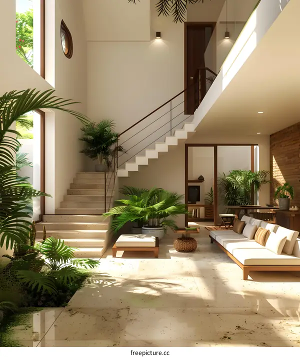 Stairway to the living room with plants