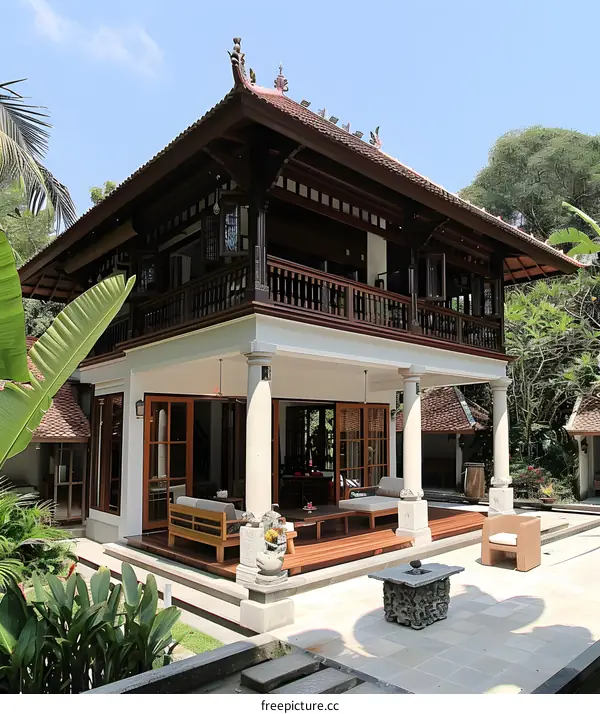 Traditional Asian Style House with Large Balconies and Patio