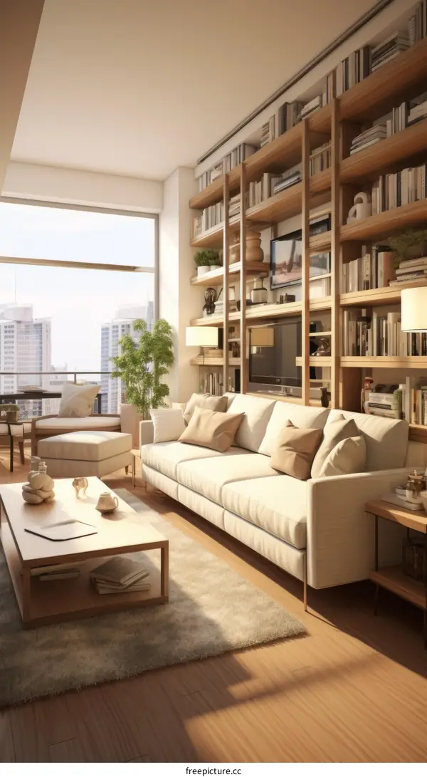 A cozy living room with a large bookshelf and a city view