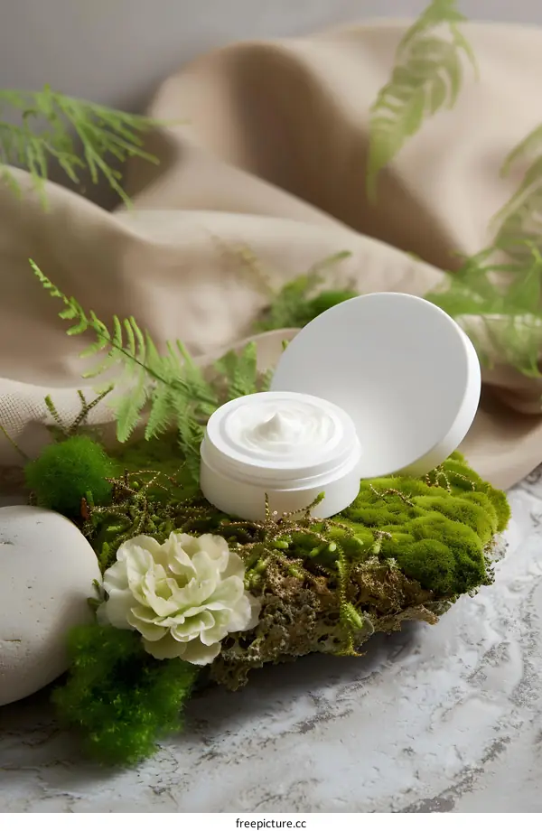 Natural Green Background with White Cream Jar