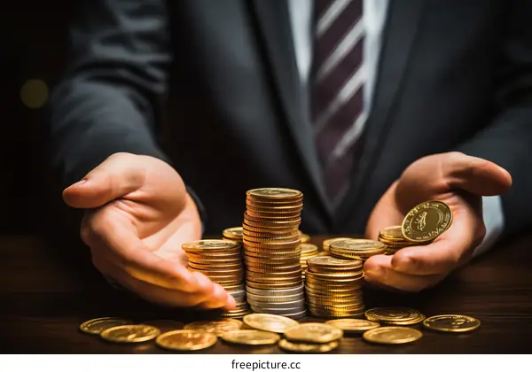 A businessman is holding a stack of gold coins in his hands