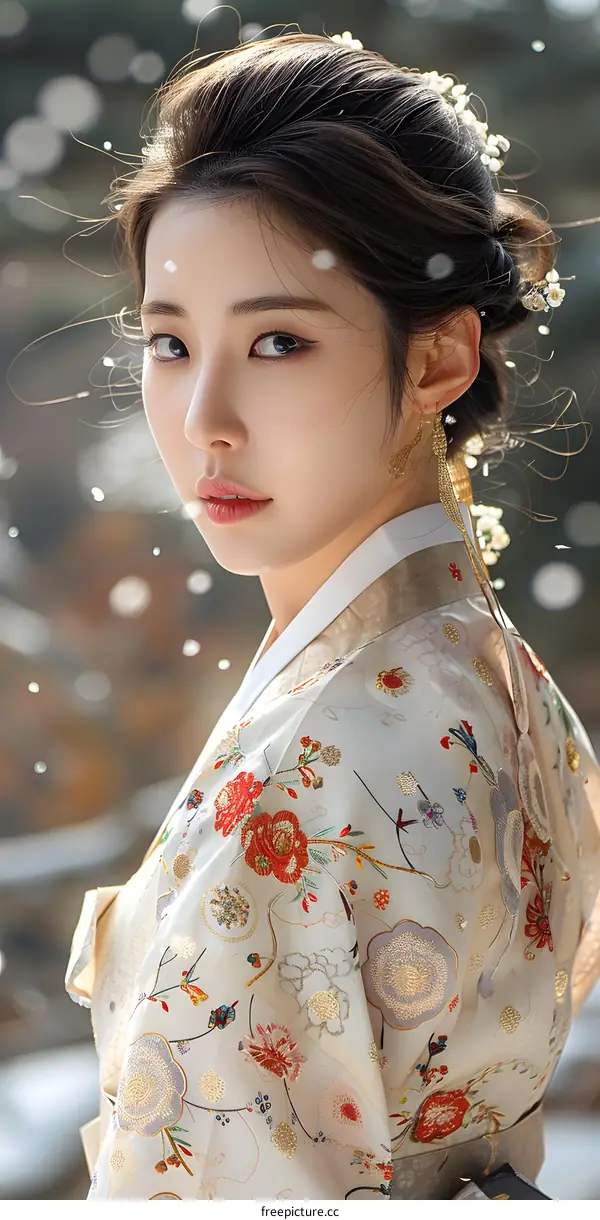 Portrait of a young woman in traditional Korean dress, or Hanbok