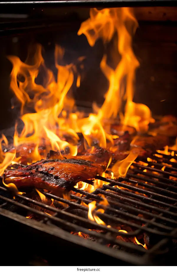 Grilled meat on a flaming grill