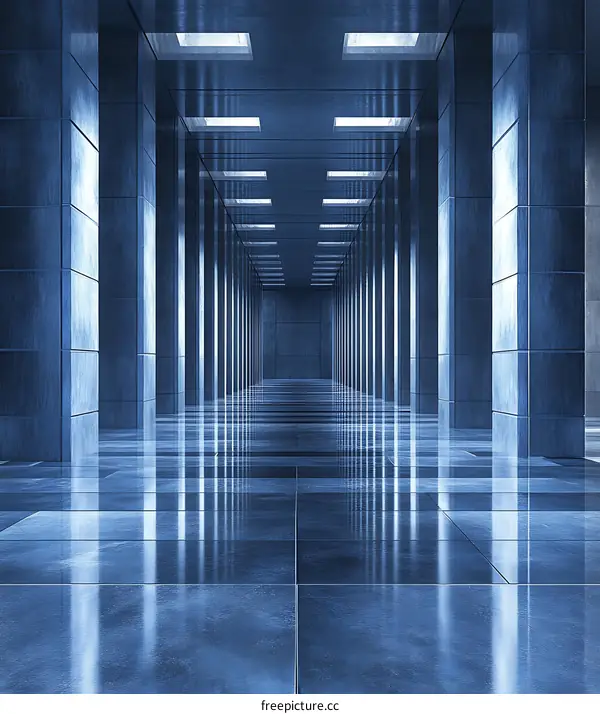 Abstract Blue Hallway with Columns