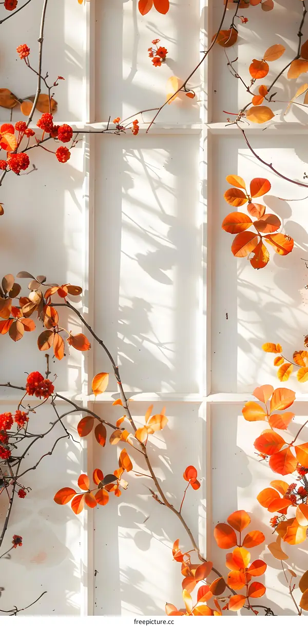 Autumn Leaves on a White Wall with Shadows