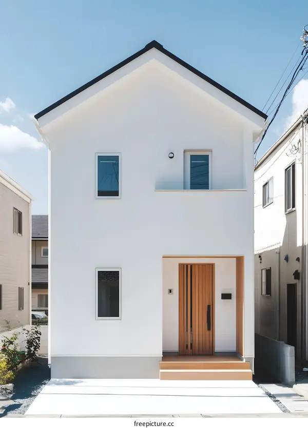 Modern Minimalist White House with Wooden Door and Windows