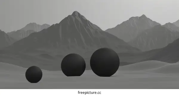 Three black spheres in a vast desert with mountains in the distance