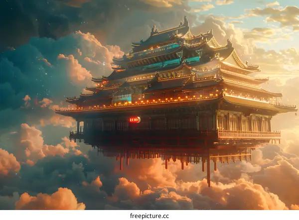 A Chinese palace is floating above the clouds.