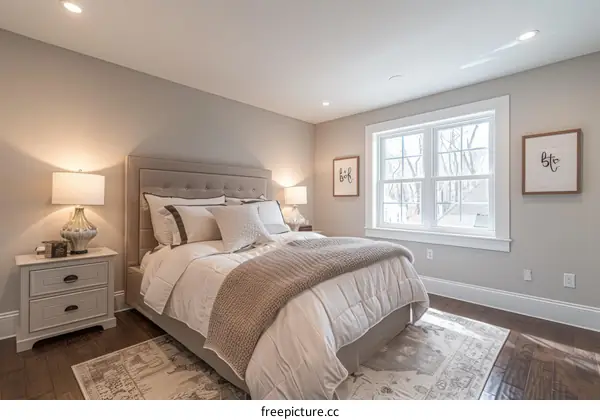 Cozy and Modern Bedroom with Expansive Windows and Hardwood Floors